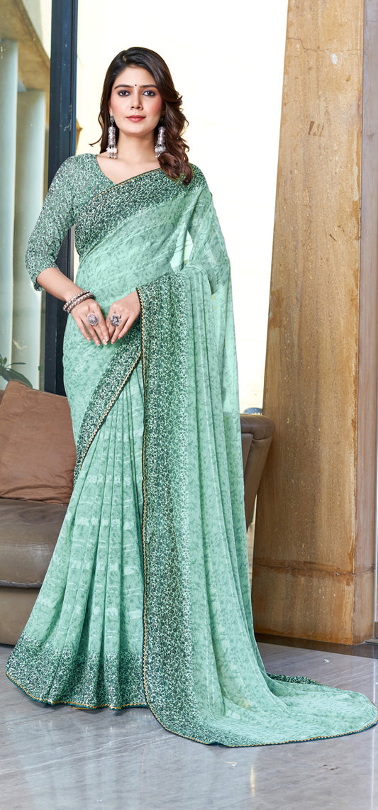 Zamuna Women Green Georgette Geometric Printed Saree – Elegant Fusion of Modern Art and Traditional Grace