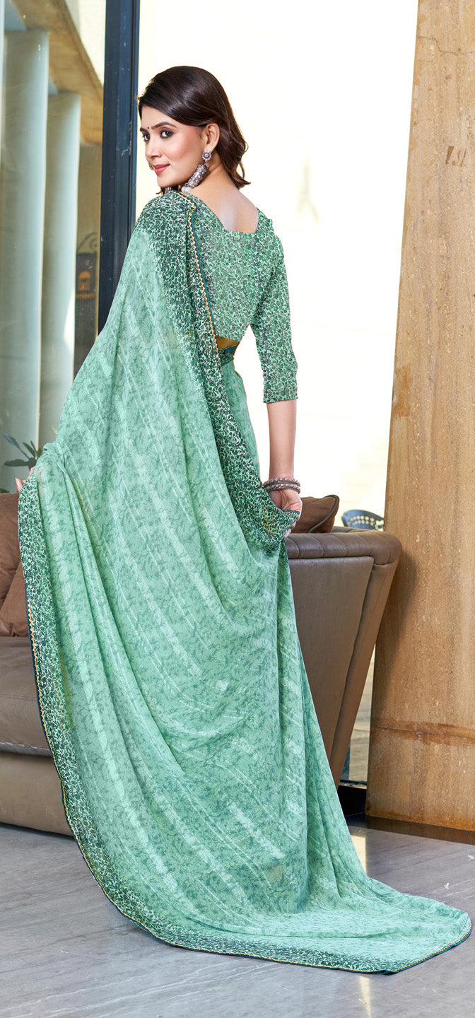 Zamuna Women Green Georgette Geometric Printed Saree – Elegant Fusion of Modern Art and Traditional Grace