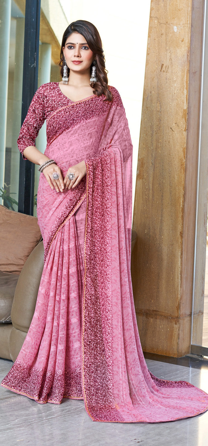 Zamuna Women Pink Georgette Geometric Printed Saree – Graceful Charm in a Modern Silhouette