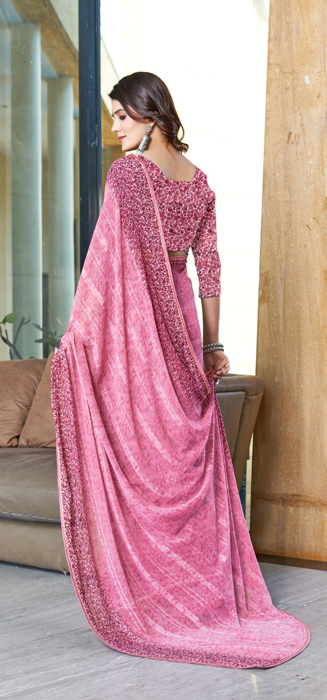 Zamuna Women Pink Georgette Geometric Printed Saree – Graceful Charm in a Modern Silhouette