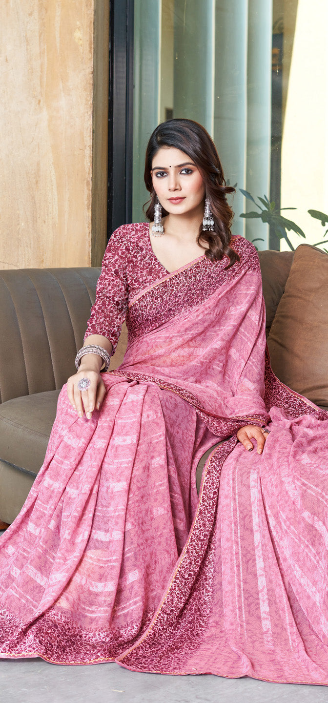 Zamuna Women Pink Georgette Geometric Printed Saree – Graceful Charm in a Modern Silhouette