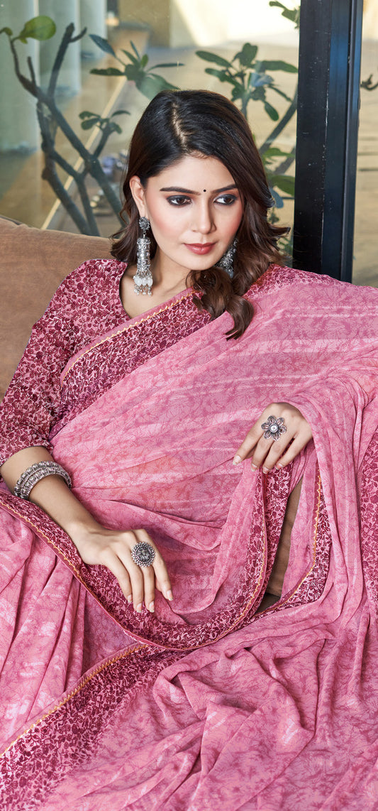 Zamuna Women Pink Georgette Geometric Printed Saree – Graceful Charm in a Modern Silhouette