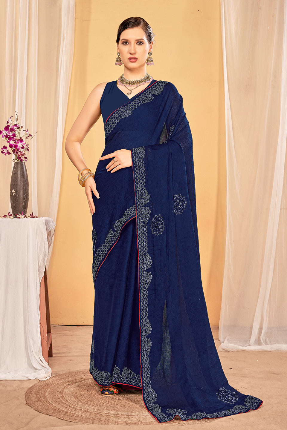 Zamuna Women Blue Georgette Solid Diamond Saree – Serene Beauty with Subtle Sparkle