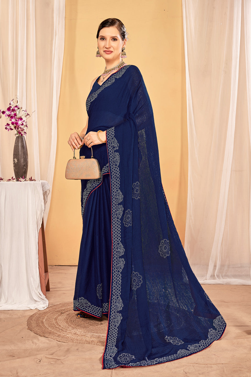 Zamuna Women Blue Georgette Solid Diamond Saree – Serene Beauty with Subtle Sparkle