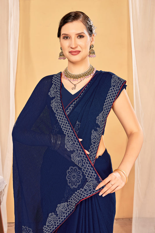 Zamuna Women Blue Georgette Solid Diamond Saree – Serene Beauty with Subtle Sparkle