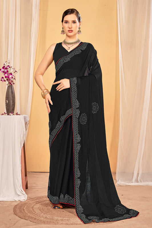 Zamuna Women Green Georgette Solid Diamond Saree – Graceful Radiance in Emerald Tones