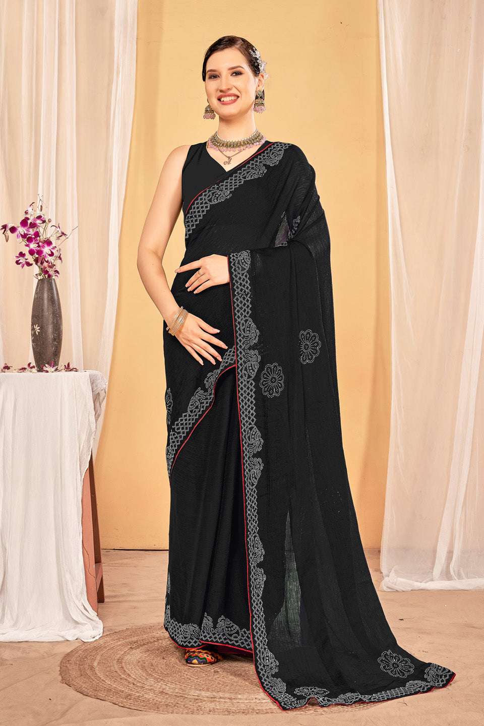 Zamuna Women Green Georgette Solid Diamond Saree – Graceful Radiance in Emerald Tones