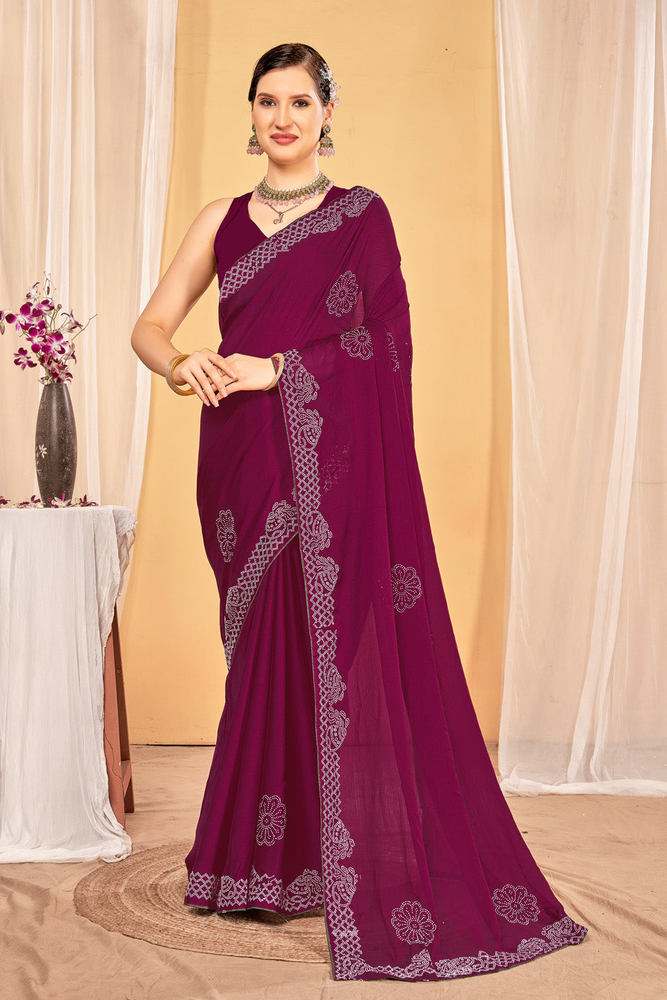 Zamuna Women Purple Georgette Solid Diamond Saree – Royal Elegance in Every Drape