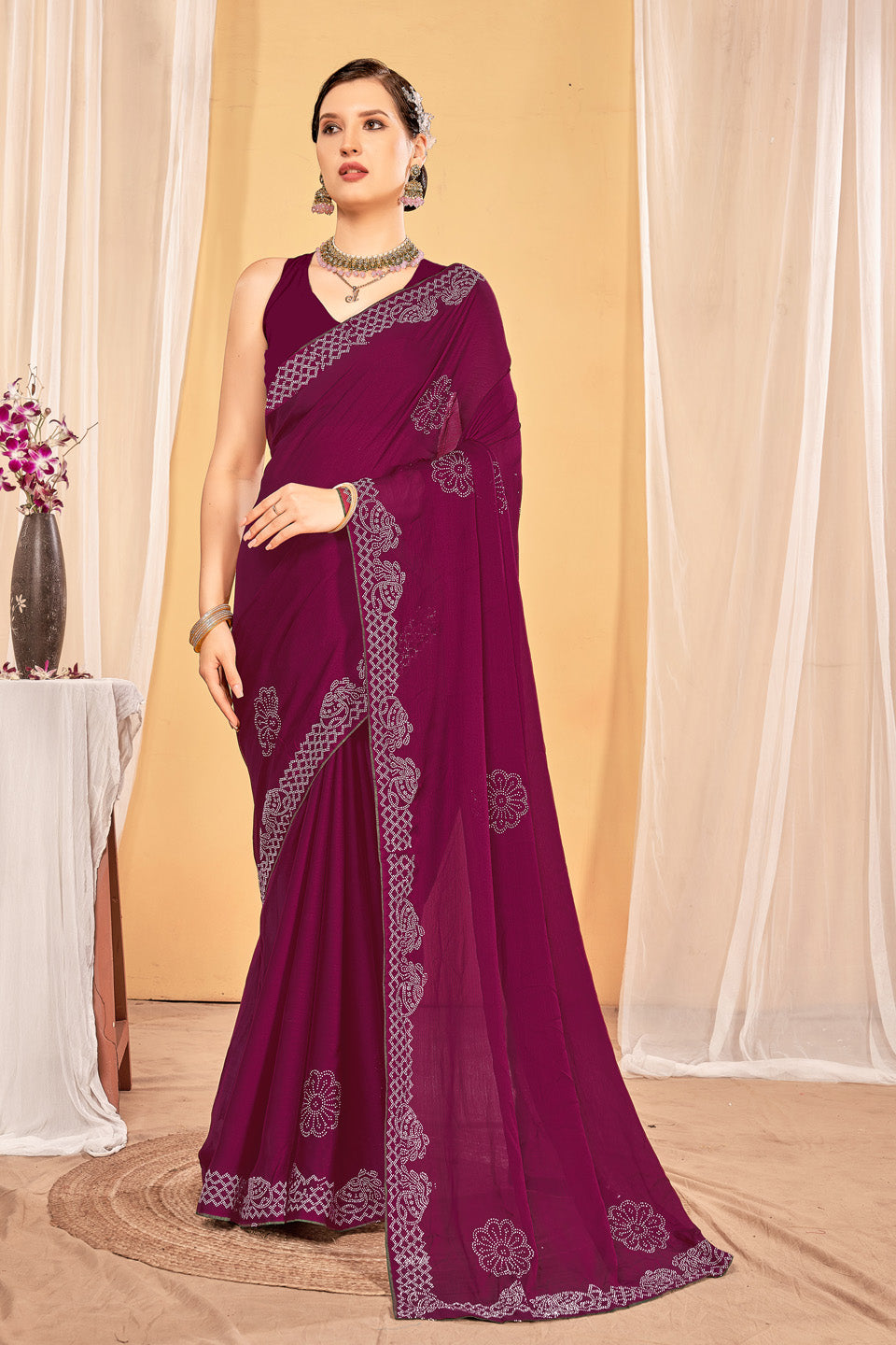 Zamuna Women Purple Georgette Solid Diamond Saree – Royal Elegance in Every Drape
