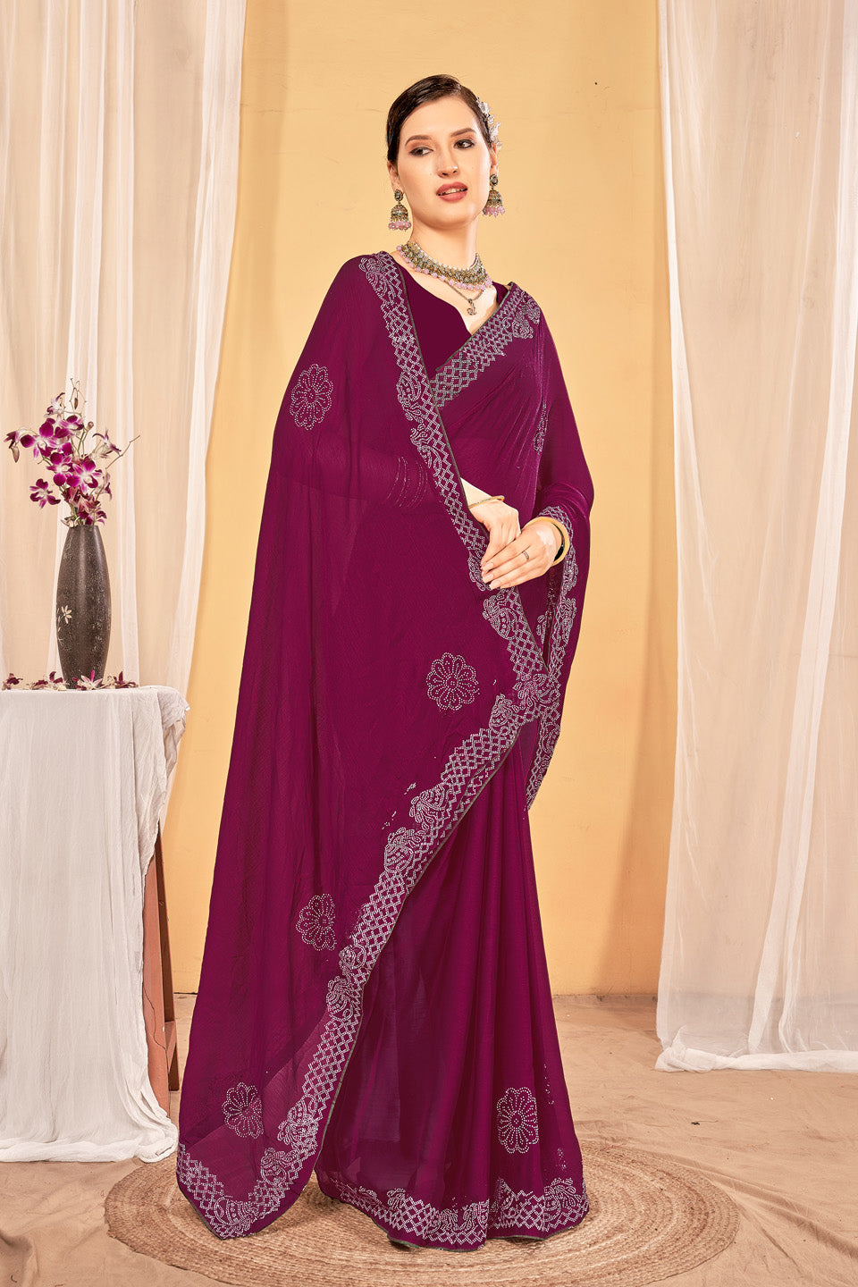 Zamuna Women Purple Georgette Solid Diamond Saree – Royal Elegance in Every Drape