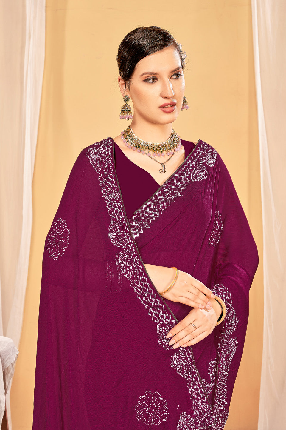 Zamuna Women Purple Georgette Solid Diamond Saree – Royal Elegance in Every Drape