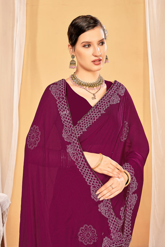 Zamuna Women Purple Georgette Solid Diamond Saree – Royal Elegance in Every Drape