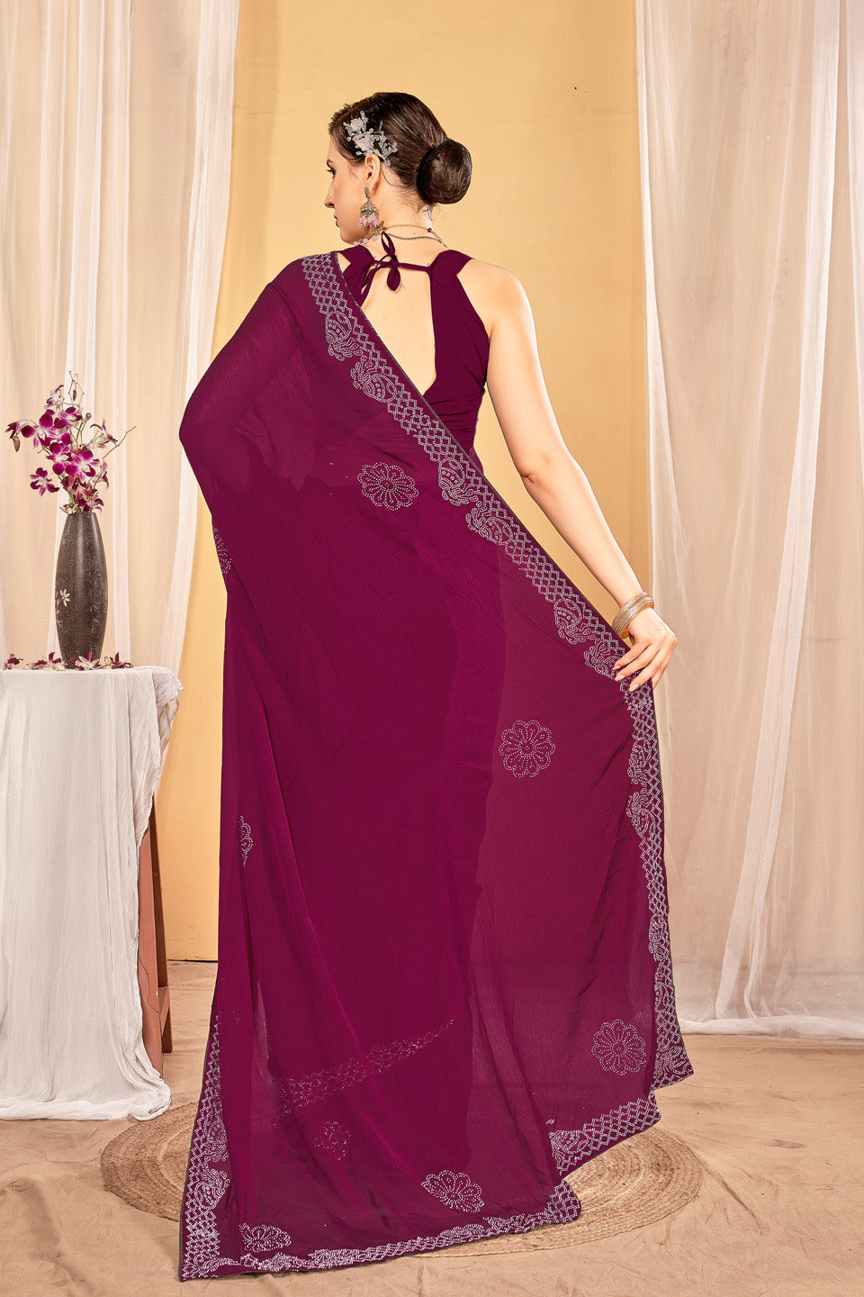 Zamuna Women Purple Georgette Solid Diamond Saree – Royal Elegance in Every Drape