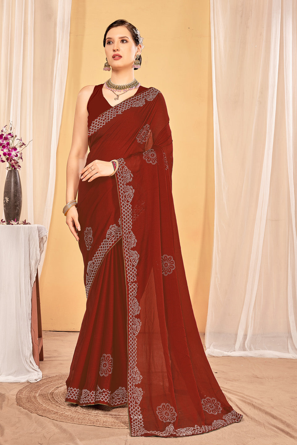 Zamuna Women Brown Georgette Solid Diamond Saree – Timeless Grace in Earthy Elegance