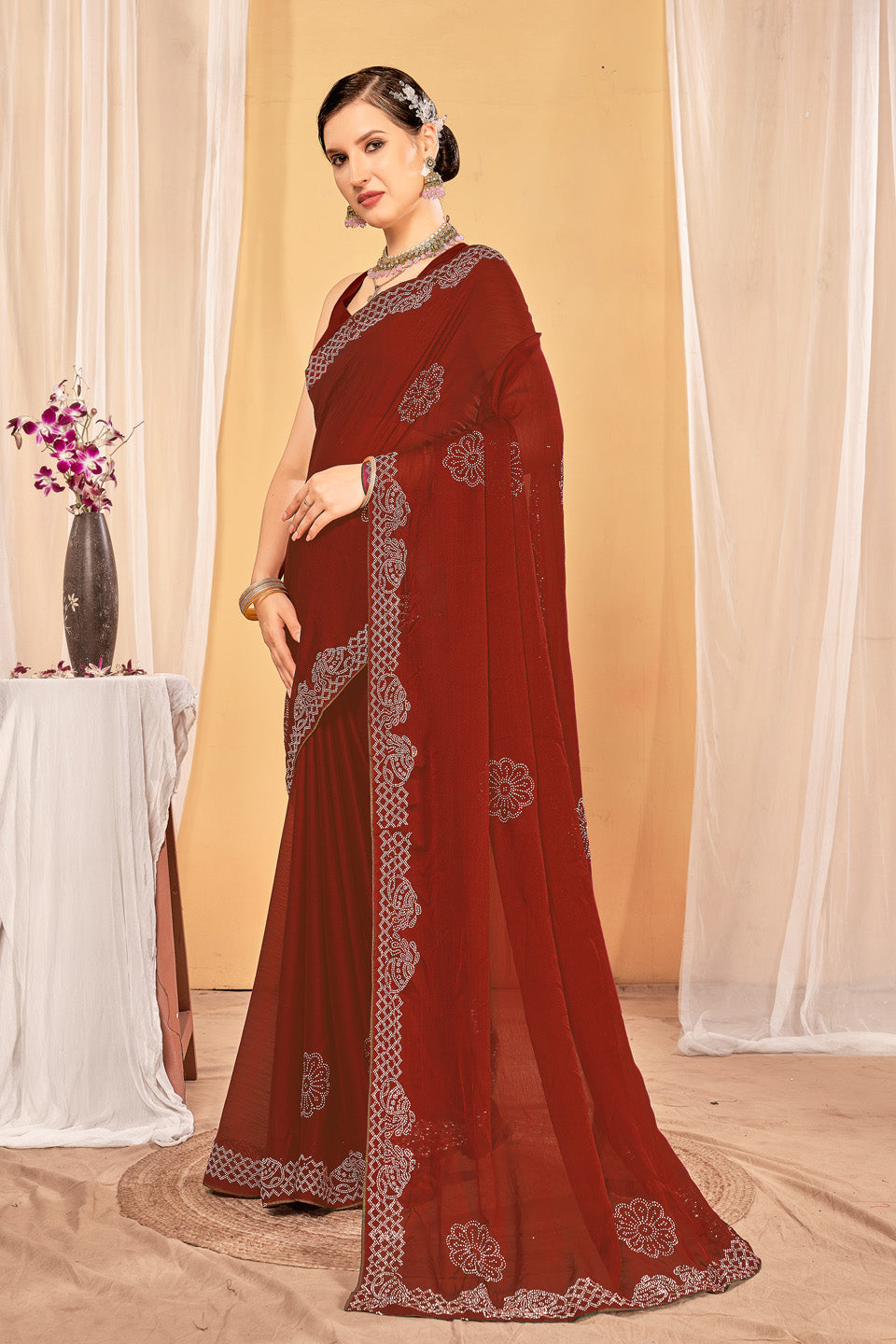 Zamuna Women Brown Georgette Solid Diamond Saree – Timeless Grace in Earthy Elegance