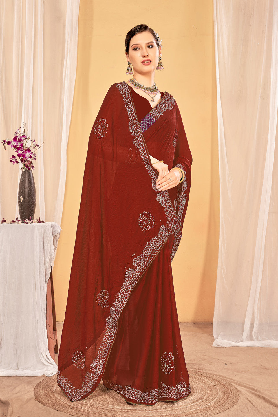 Zamuna Women Brown Georgette Solid Diamond Saree – Timeless Grace in Earthy Elegance