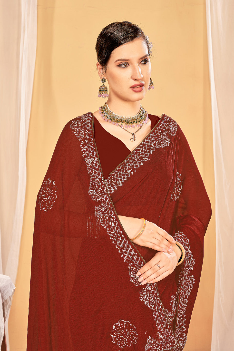 Zamuna Women Brown Georgette Solid Diamond Saree – Timeless Grace in Earthy Elegance