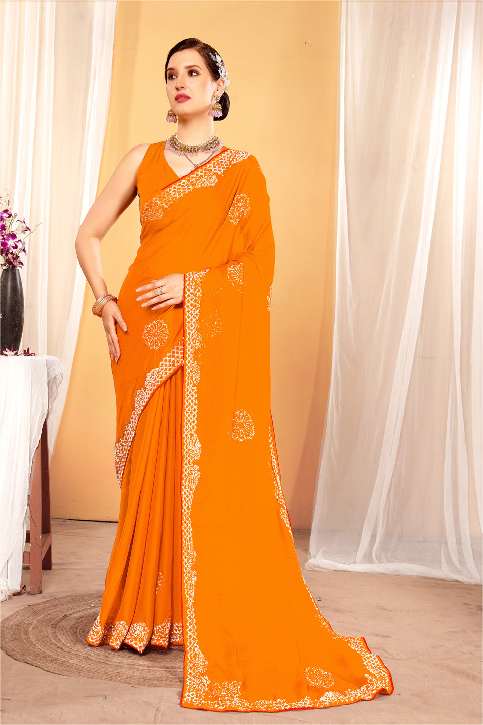 Zamuna Women Orange Georgette Solid Diamond Saree – Radiant Elegance in Vibrant Orange