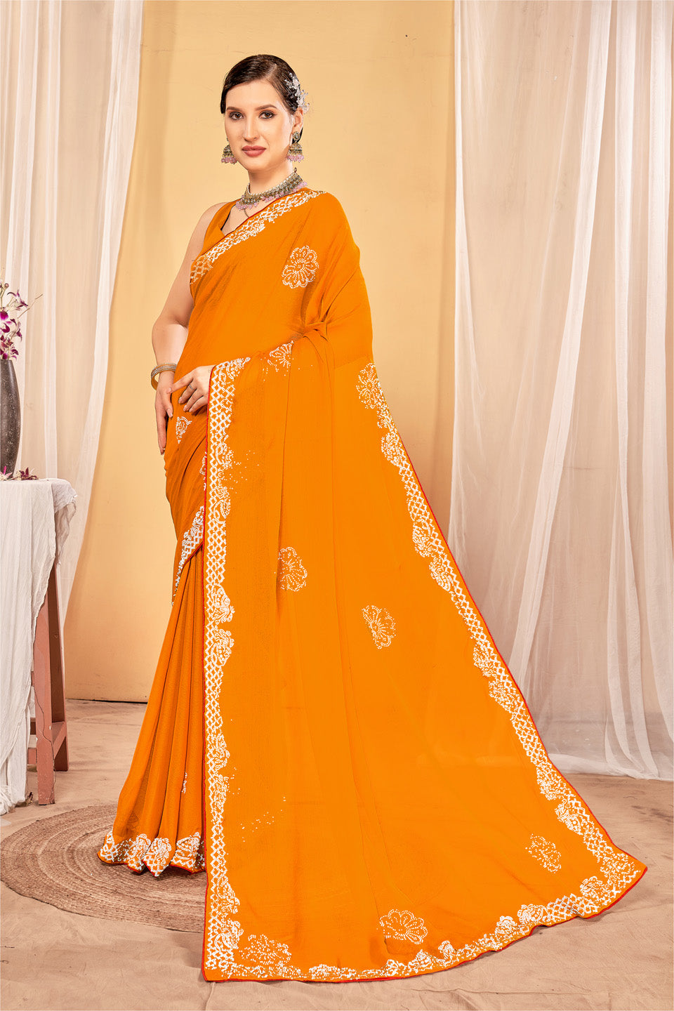 Zamuna Women Orange Georgette Solid Diamond Saree – Radiant Elegance in Vibrant Orange