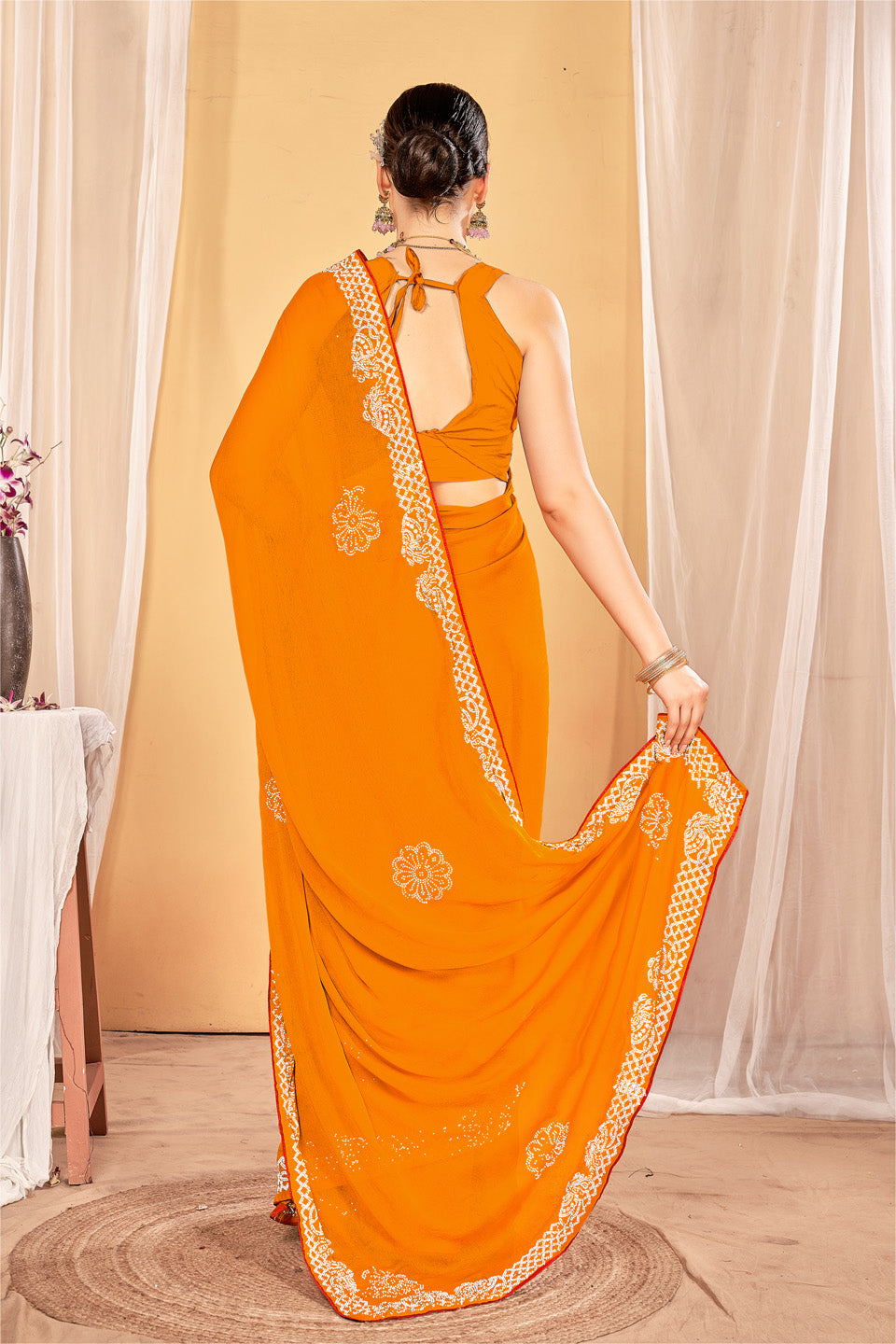 Zamuna Women Orange Georgette Solid Diamond Saree – Radiant Elegance in Vibrant Orange