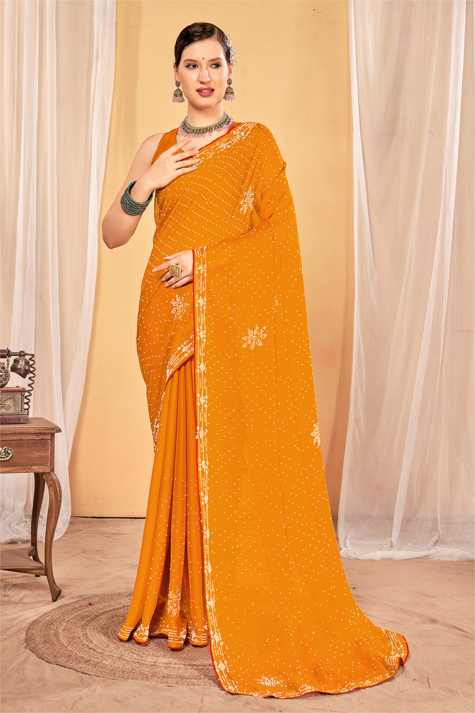 Zamuna Women Yellow Georgette Solid Diamond Saree – Radiant Elegance in Sunshine Yellow