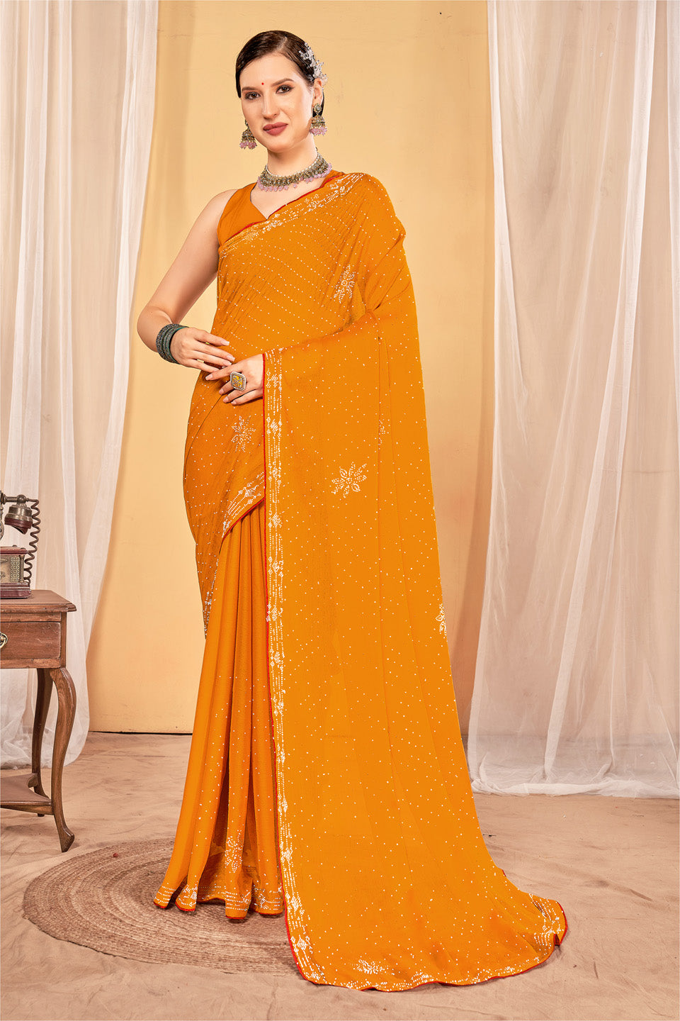 Zamuna Women Yellow Georgette Solid Diamond Saree – Radiant Elegance in Sunshine Yellow