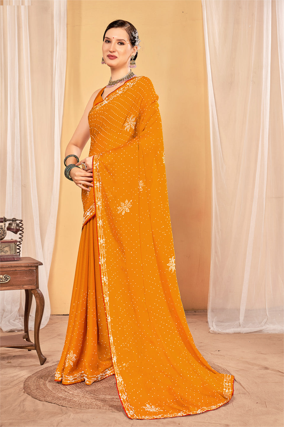 Zamuna Women Yellow Georgette Solid Diamond Saree – Radiant Elegance in Sunshine Yellow