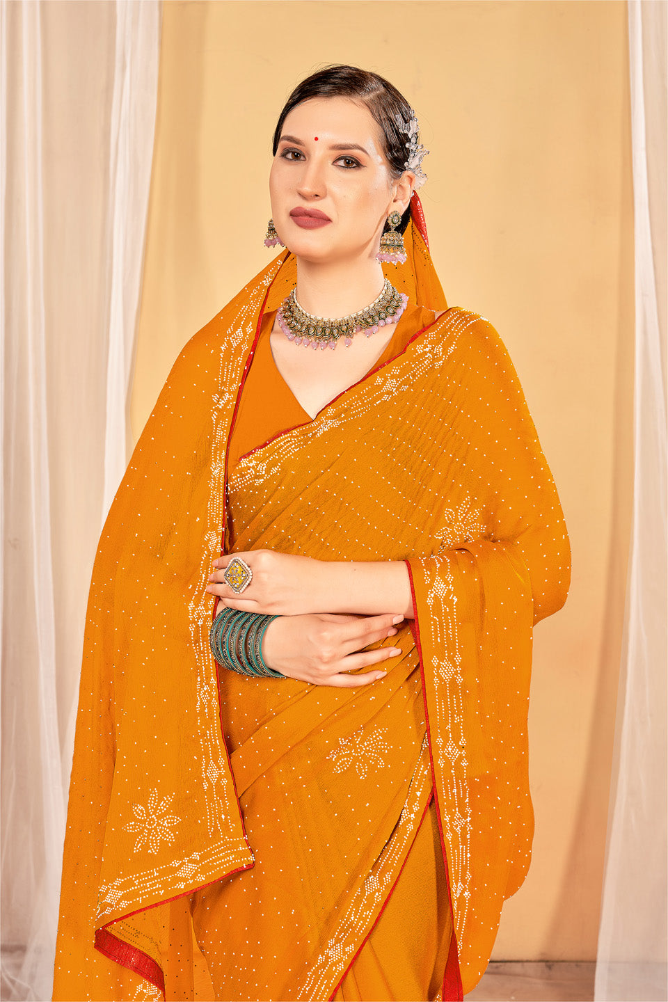 Zamuna Women Yellow Georgette Solid Diamond Saree – Radiant Elegance in Sunshine Yellow