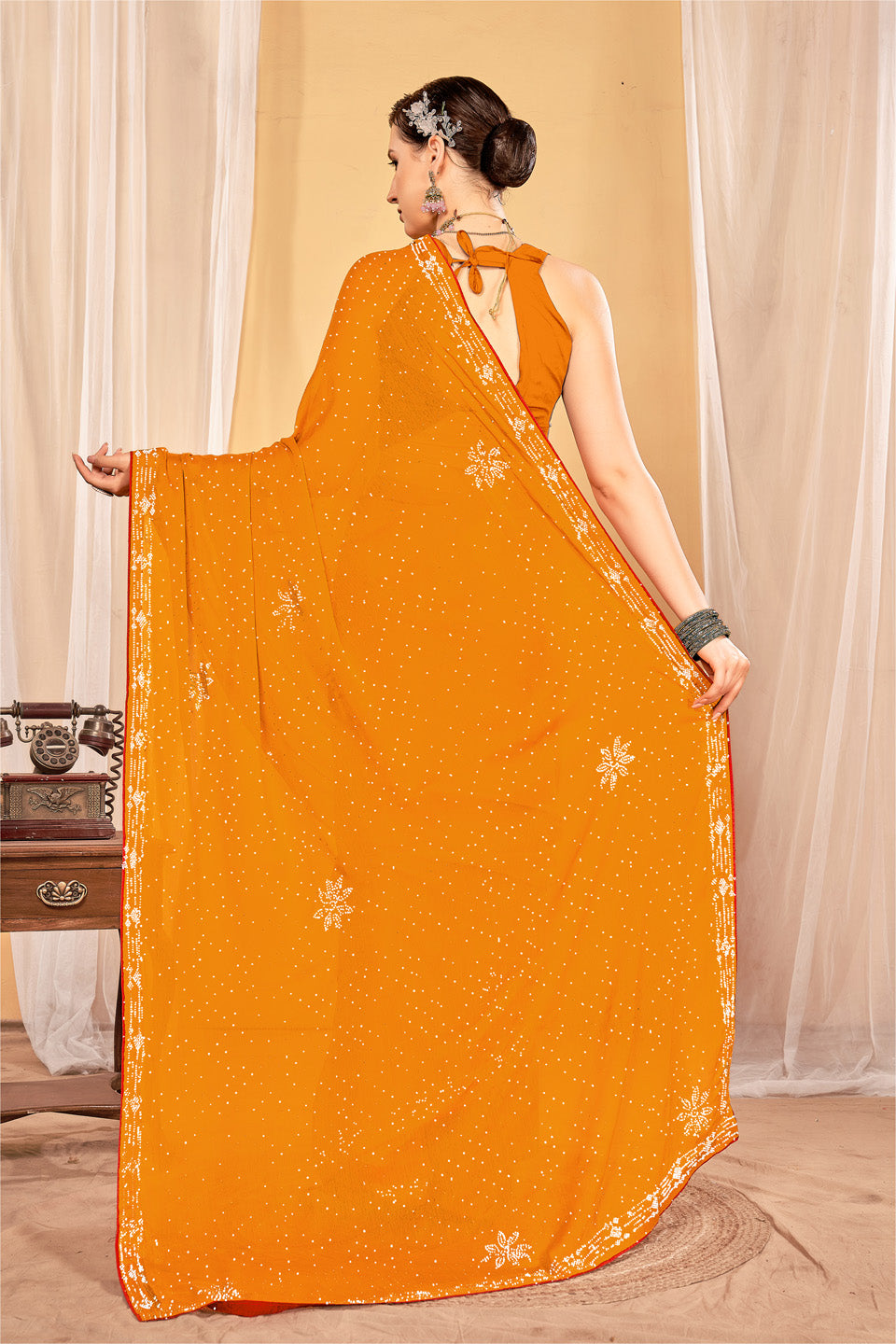 Zamuna Women Yellow Georgette Solid Diamond Saree – Radiant Elegance in Sunshine Yellow