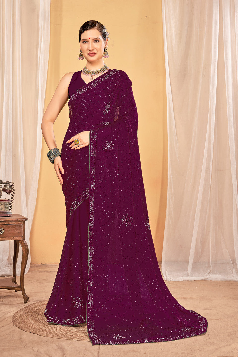 Zamuna Women Purple Georgette Solid Diamond Saree – Elegant Charm in Regal Purple