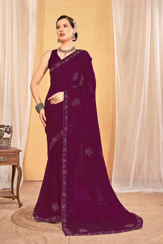 Zamuna Women Purple Georgette Solid Diamond Saree – Elegant Charm in Regal Purple