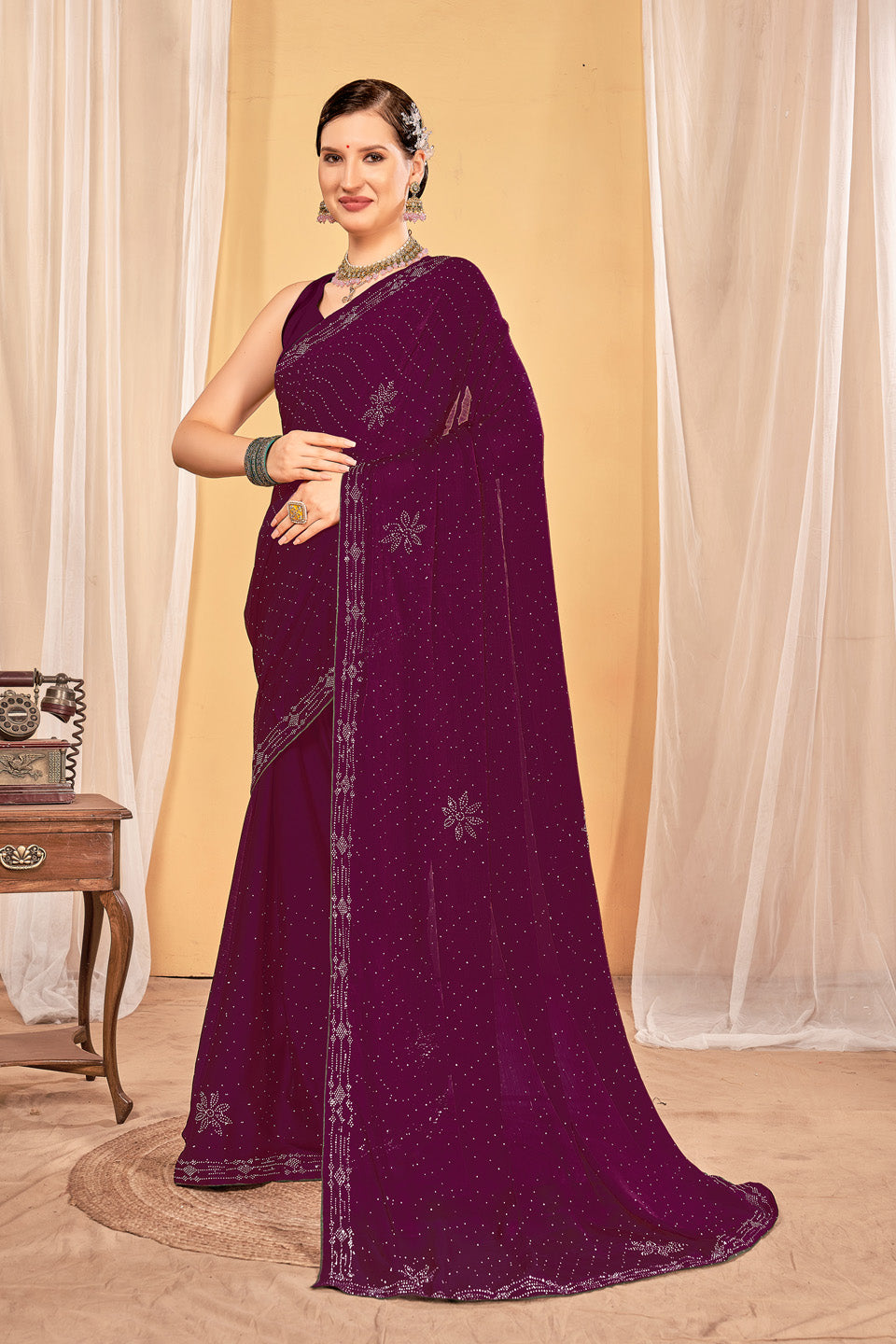 Zamuna Women Purple Georgette Solid Diamond Saree – Elegant Charm in Regal Purple