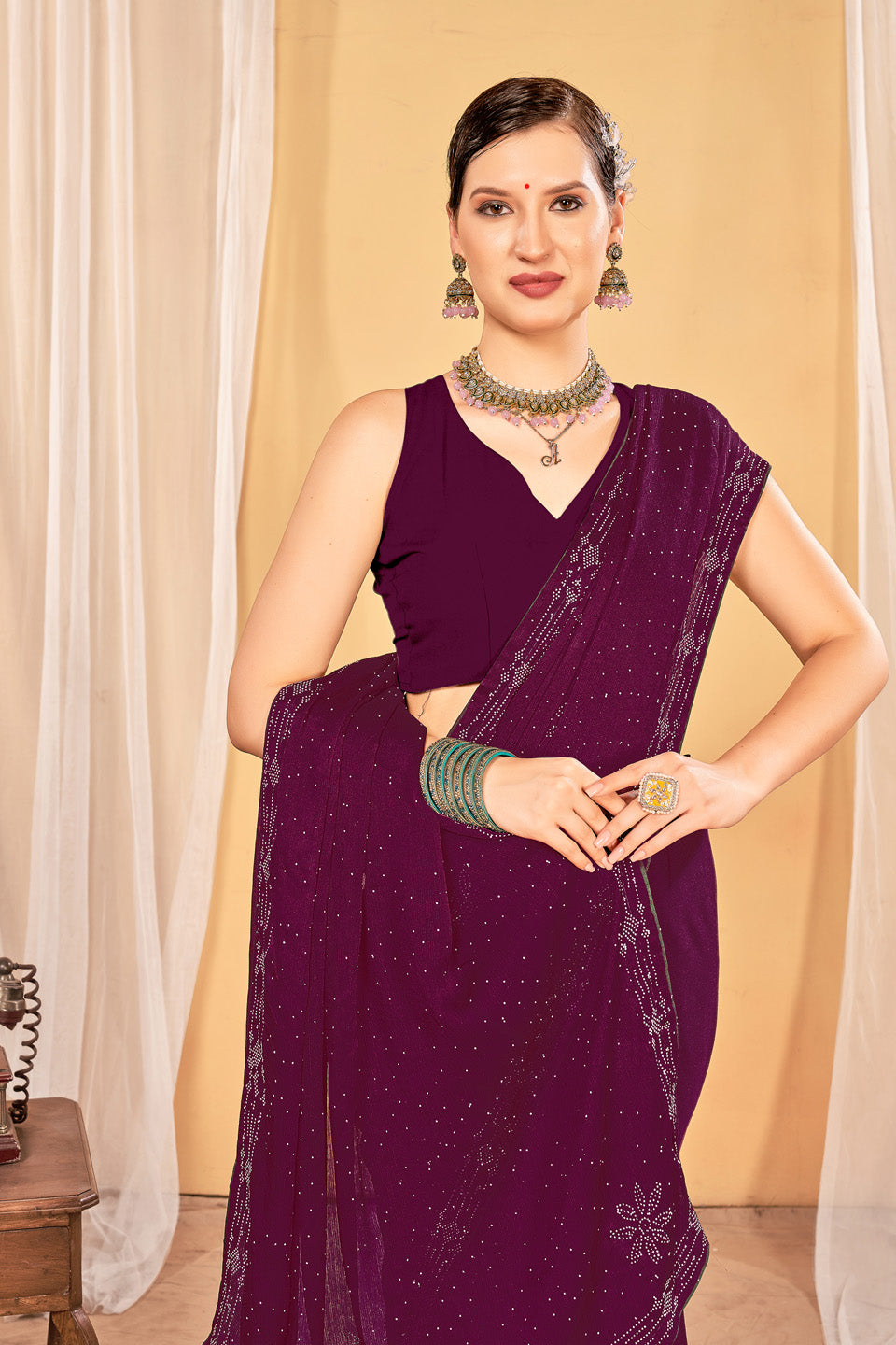 Zamuna Women Purple Georgette Solid Diamond Saree – Elegant Charm in Regal Purple