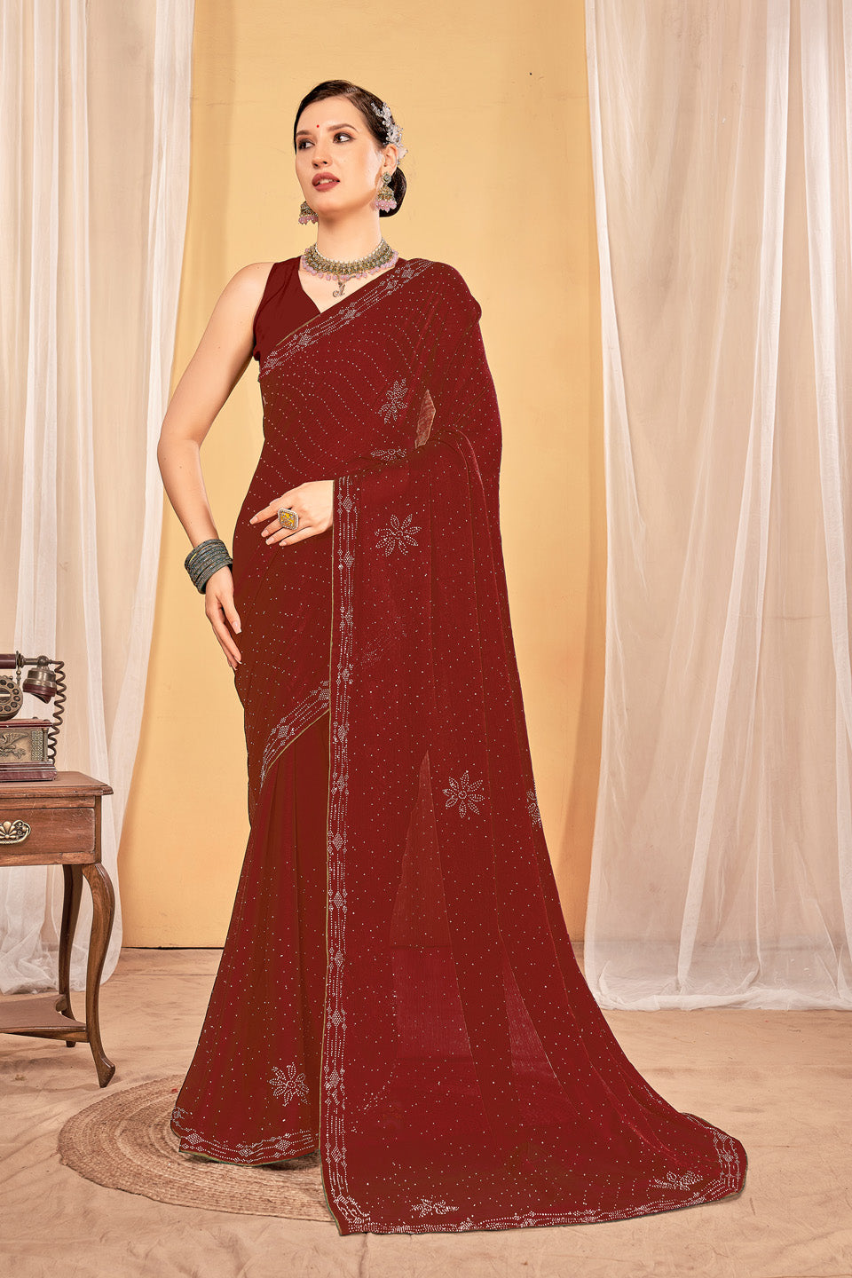 Zamuna Women Brown Georgette Solid Diamond Saree – Subtle Elegance in Rich Brown