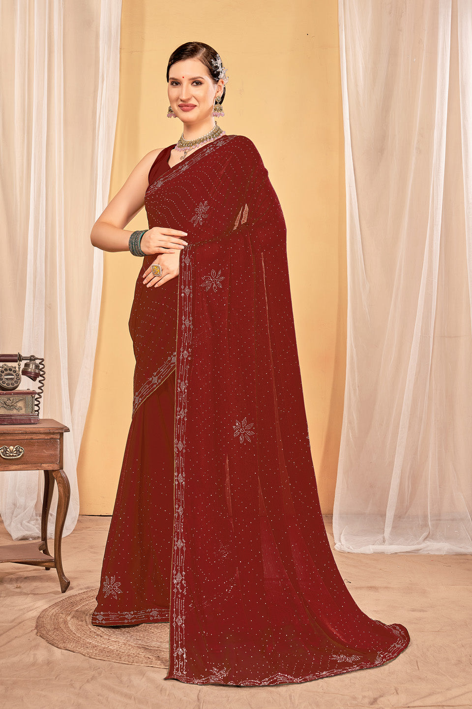Zamuna Women Brown Georgette Solid Diamond Saree – Subtle Elegance in Rich Brown