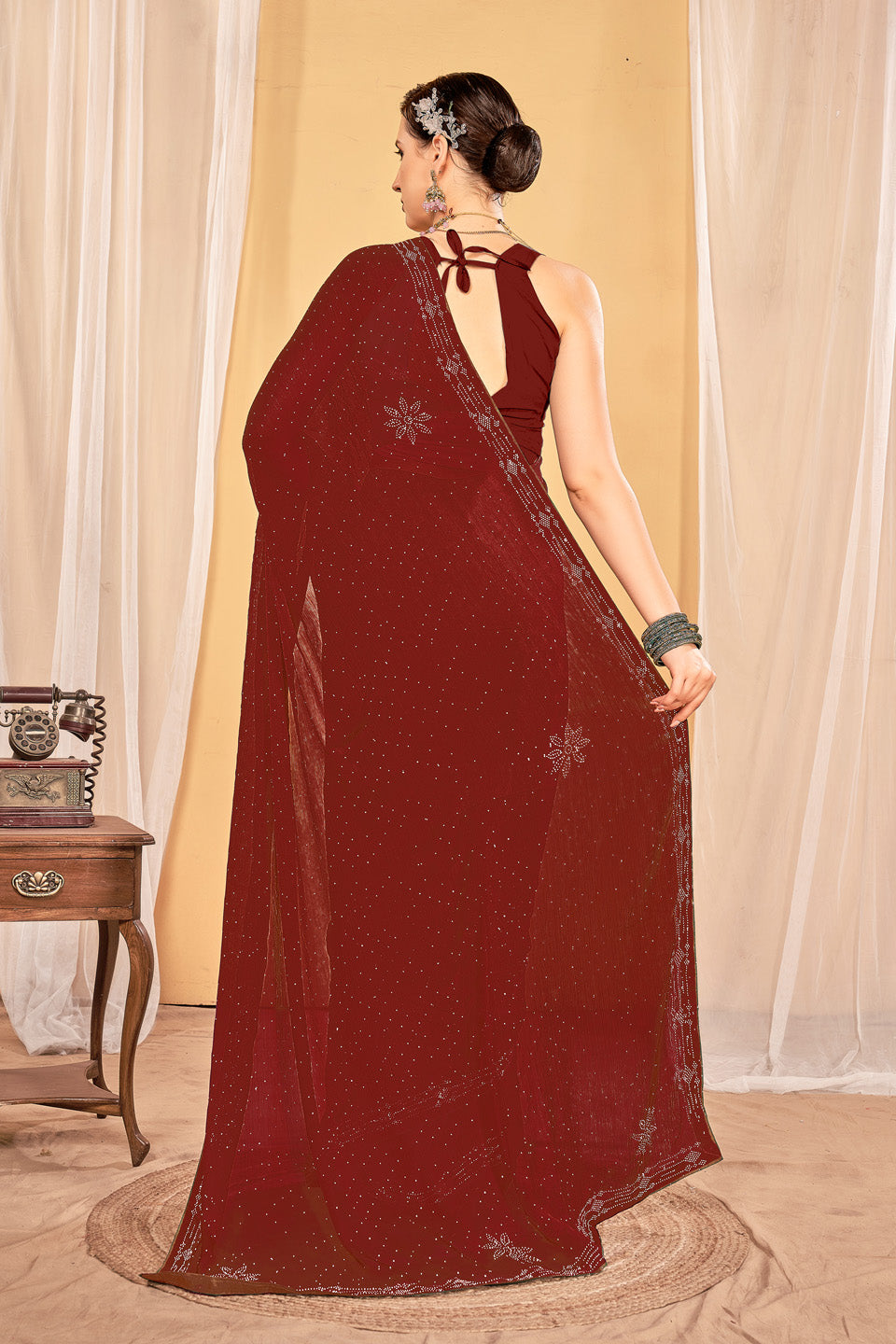 Zamuna Women Brown Georgette Solid Diamond Saree – Subtle Elegance in Rich Brown