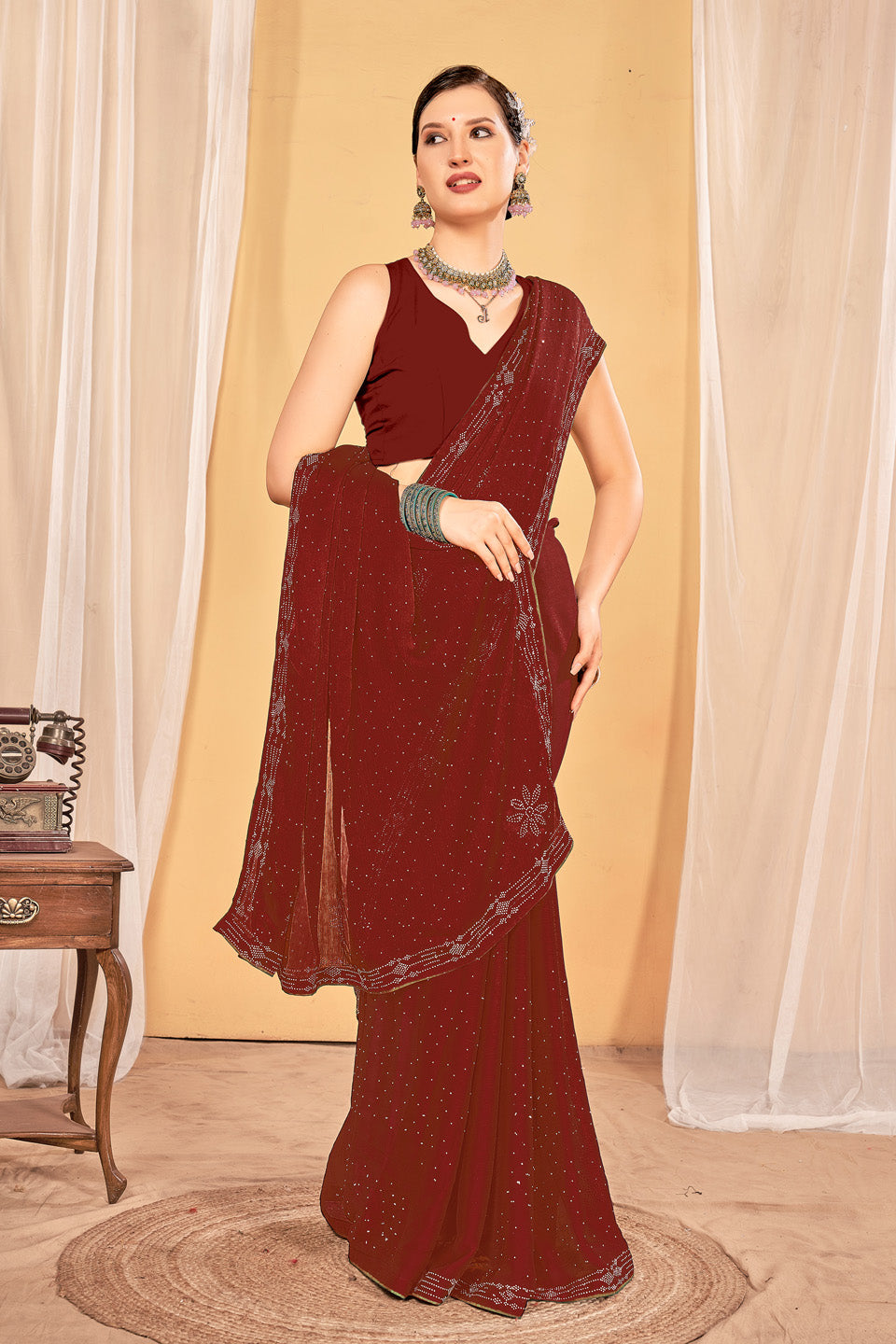 Zamuna Women Brown Georgette Solid Diamond Saree – Subtle Elegance in Rich Brown