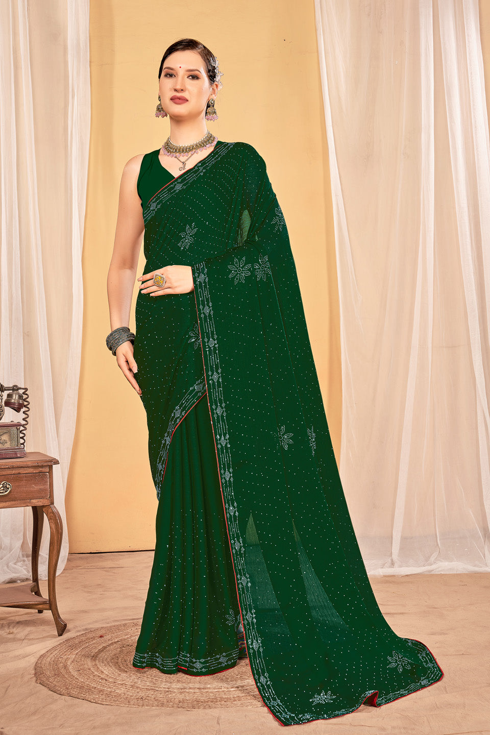 Zamuna Women Green Georgette Solid Diamond Saree – Refreshing Elegance in Green