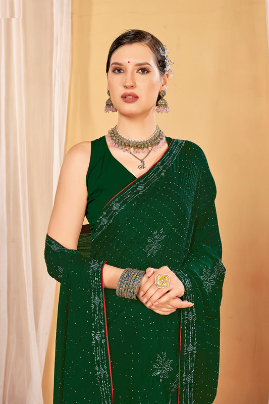 Zamuna Women Green Georgette Solid Diamond Saree – Refreshing Elegance in Green