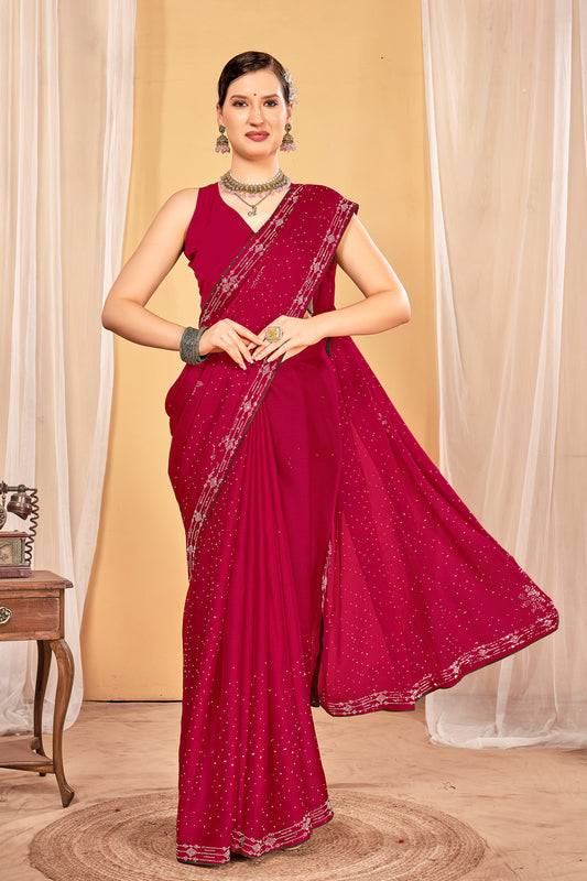Zamuna Women Red Georgette Solid Diamond Saree – Bold Elegance in Vibrant Red