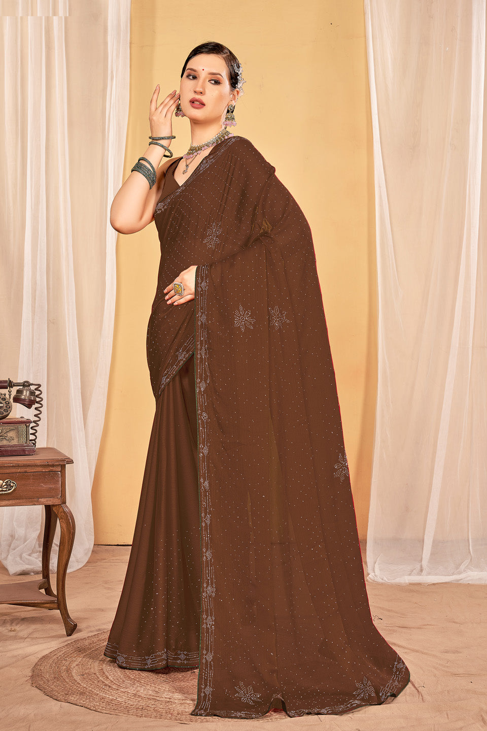 Zamuna Women Brown Georgette Solid Diamond Saree – Subtle Elegance in Rich Brown
