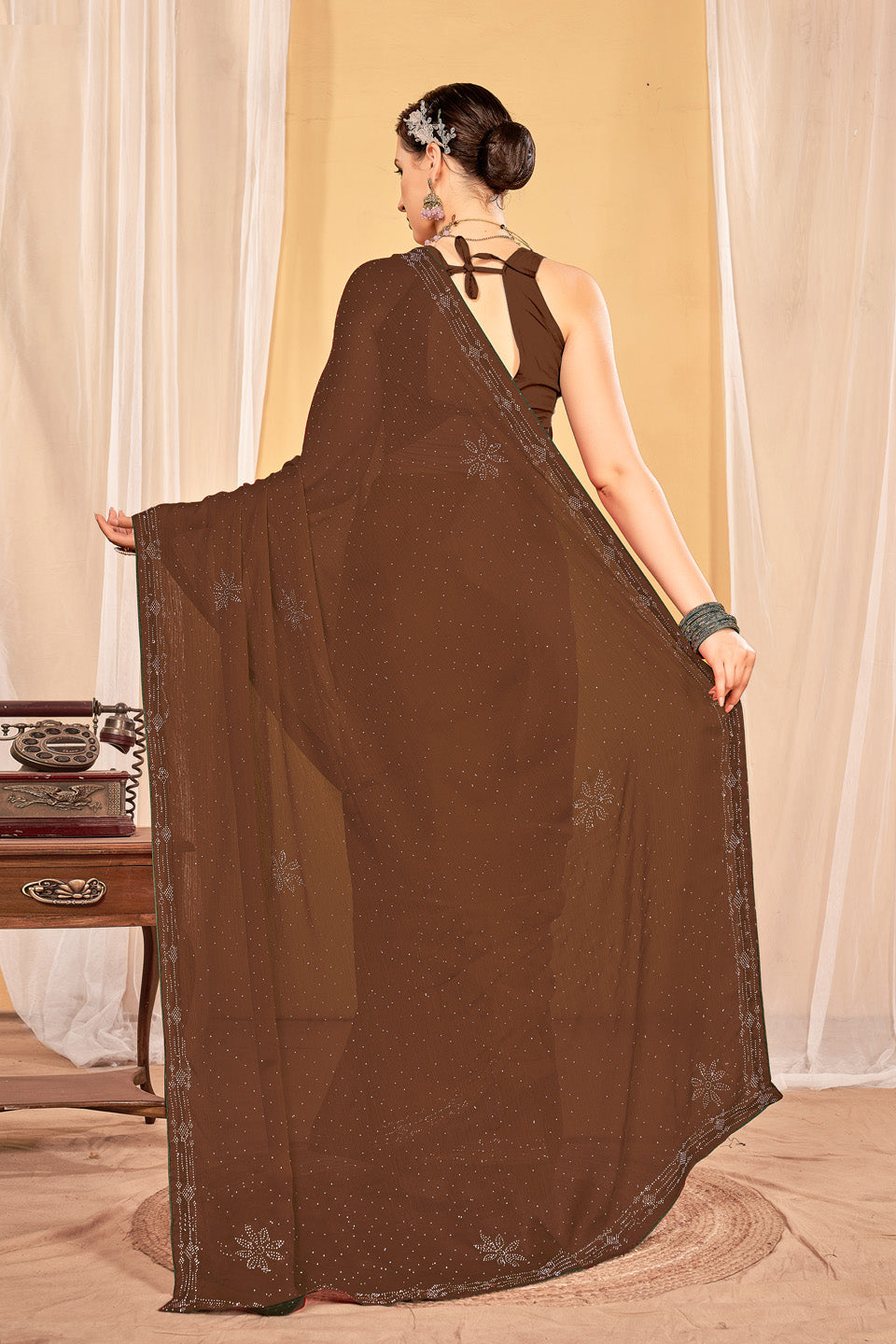 Zamuna Women Brown Georgette Solid Diamond Saree – Subtle Elegance in Rich Brown