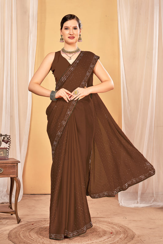 Zamuna Women Brown Georgette Solid Diamond Saree – Subtle Elegance in Rich Brown