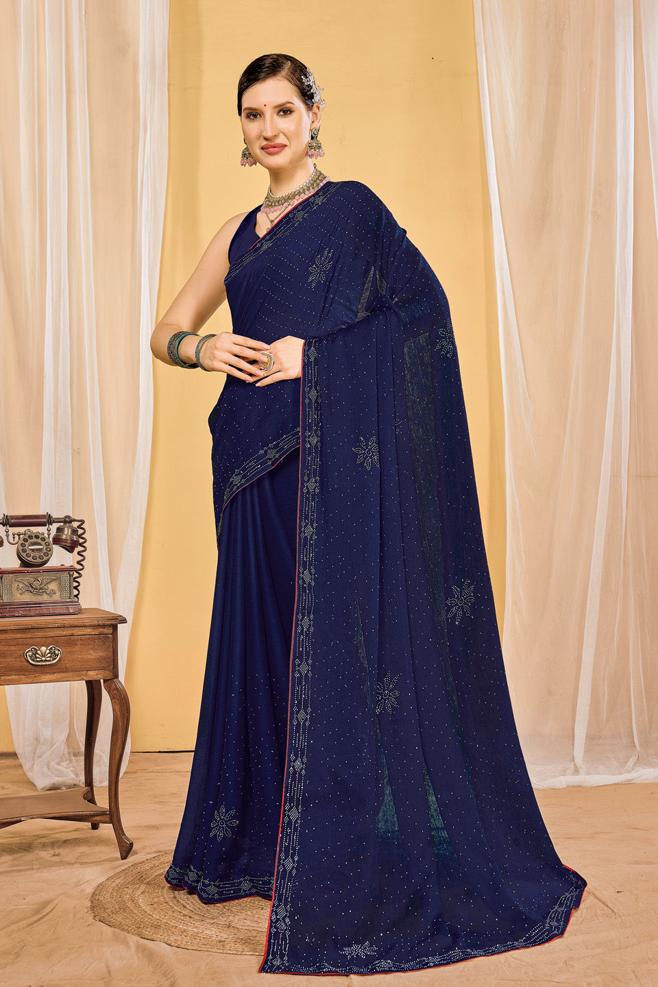 Zamuna Women Blue Georgette Solid Diamond Saree – Elegant Charm in Soothing Blue