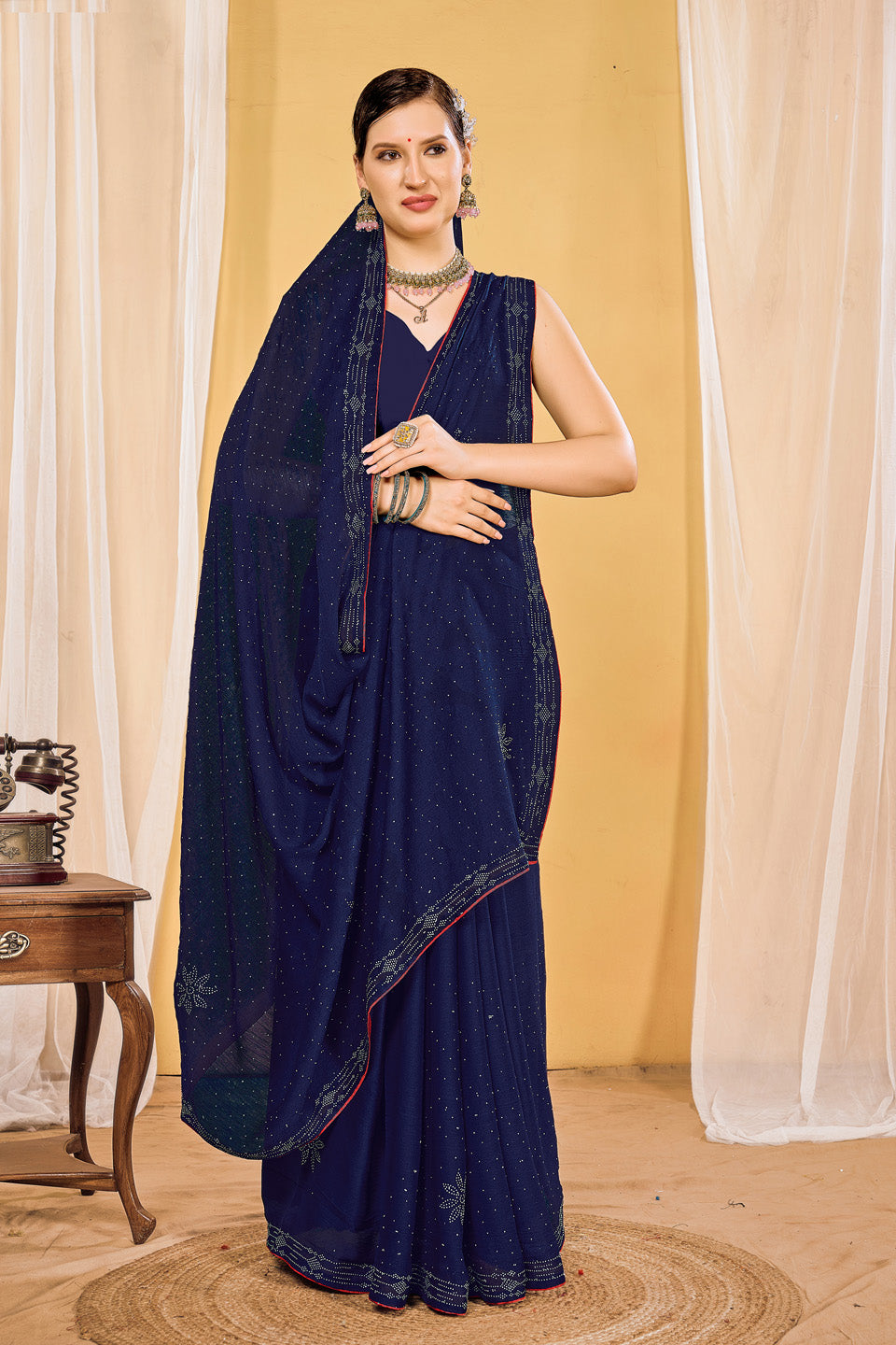 Zamuna Women Blue Georgette Solid Diamond Saree – Elegant Charm in Soothing Blue
