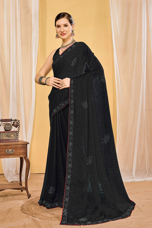 Zamuna Women Black Georgette Solid Diamond Saree – Timeless Elegance in Classic Black