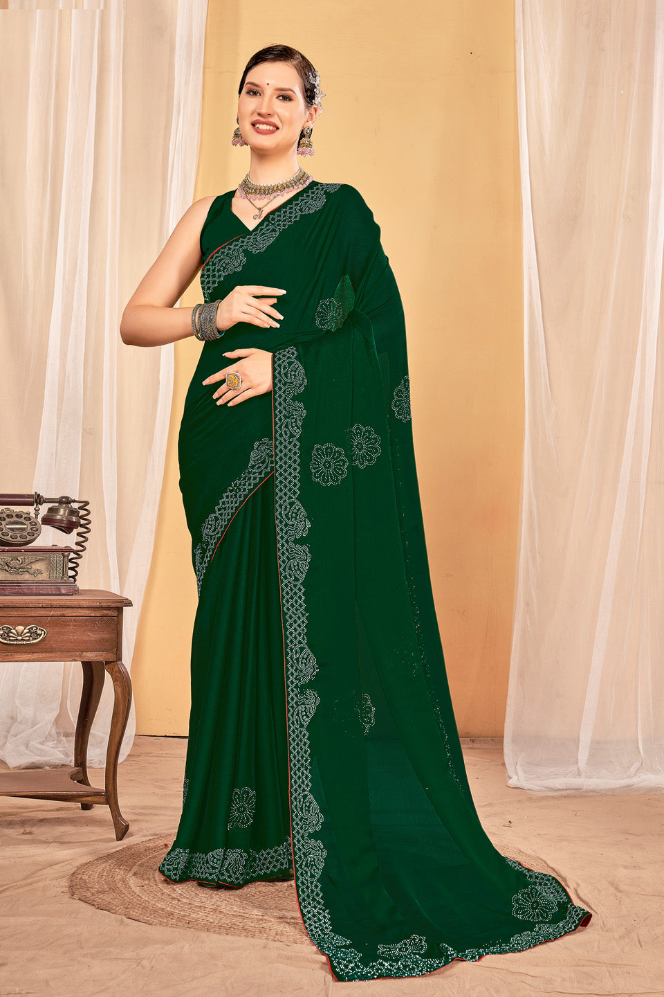 Zamuna Women Green Georgette Solid Diamond Saree – Refreshing Elegance in Green