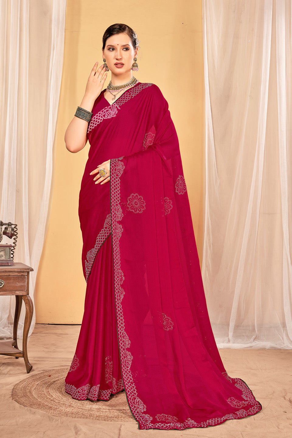 Zamuna Women Red Georgette Solid Diamond Saree – Bold Elegance in Vibrant Red
