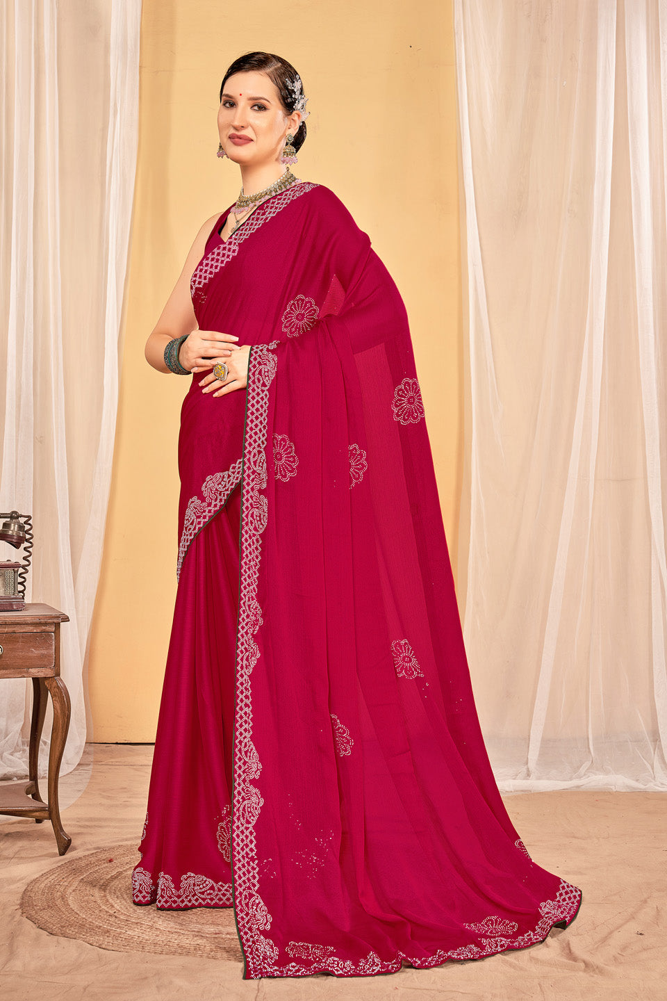 Zamuna Women Red Georgette Solid Diamond Saree – Bold Elegance in Vibrant Red