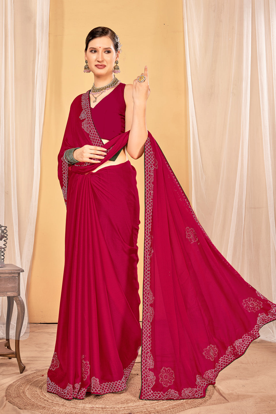 Zamuna Women Red Georgette Solid Diamond Saree – Bold Elegance in Vibrant Red